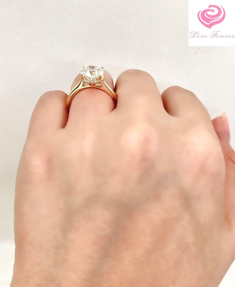 Lab Grown Diamond Engagement Ring 14k Gold Certified 2.5 CT Diamond Ring Diamond Round Cut Ring Minimalist Diamond Hidden Ring Proposal Ring