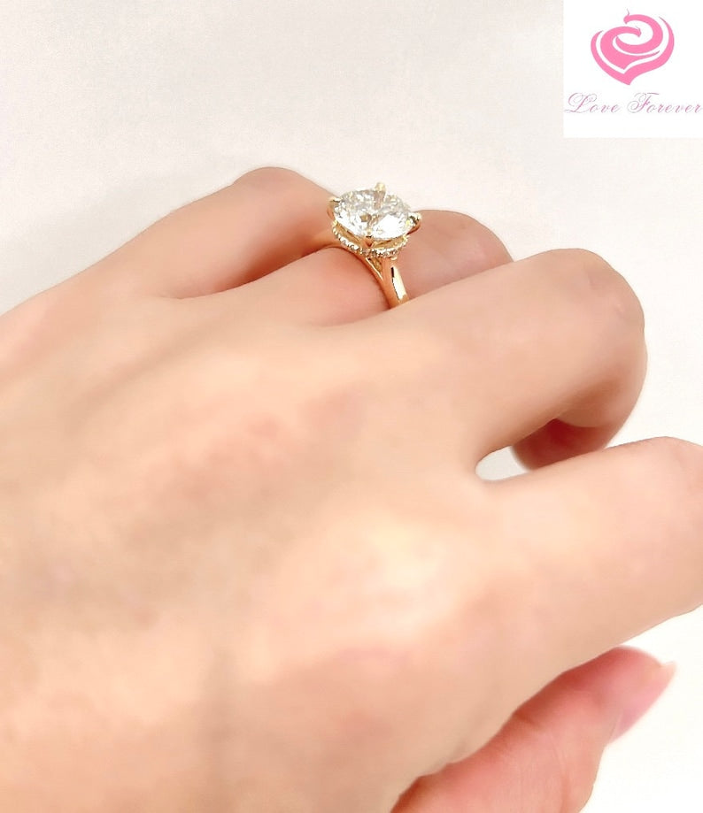 Lab Grown Diamond Engagement Ring 14k Gold Certified 2.5 CT Diamond Ring Diamond Round Cut Ring Minimalist Diamond Hidden Ring Proposal Ring