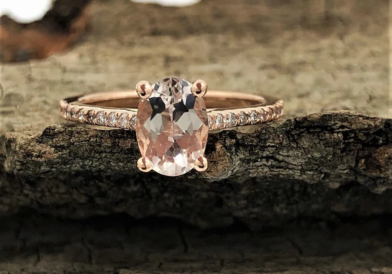 14k Rose Gold Engagement Ring Diamond Ring 7x5mm Oval Cut Morganite Ring Solitaire Ring Wedding Ring Morganite Bridal Ring Unique Ring