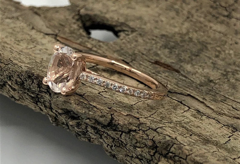 14k Rose Gold Engagement Ring Diamond Ring 7x5mm Oval Cut Morganite Ring Solitaire Ring Wedding Ring Morganite Bridal Ring Unique Ring