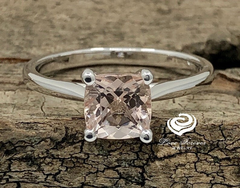 14k White Gold Engagement Ring Morganite Ring 7mm Cushion Cut