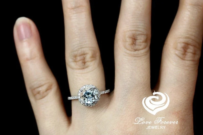 14k White Gold Diamond Ring Engagement Ring 8mm/1.80 Carats Round Cut Aquamarine Halo Diamond Wedding Ring Anniversary Ring Aquamarine Ring