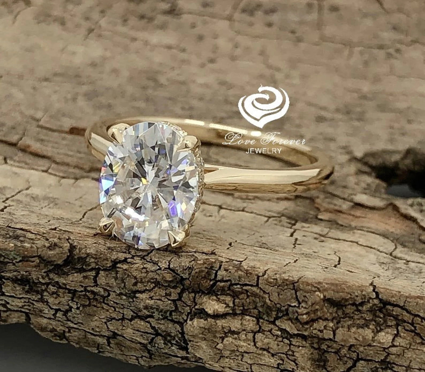 2ct Oval Engagement Ring, Oval Cut Engagement Ring, Hidden Halo Oval Ring, Forever One D-F Color Moissanite, Yellow Gold Dainty Solitaire Ring