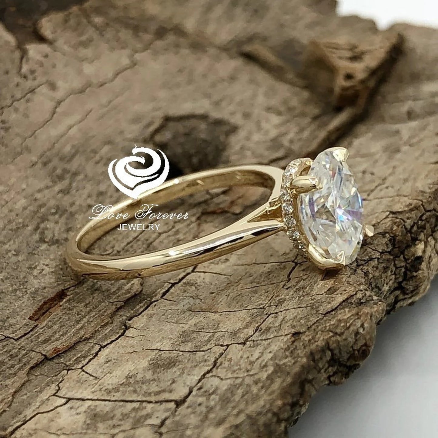 2ct Oval Engagement Ring, Oval Cut Engagement Ring, Hidden Halo Oval Ring, Forever One D-F Color Moissanite, Yellow Gold Dainty Solitaire Ring