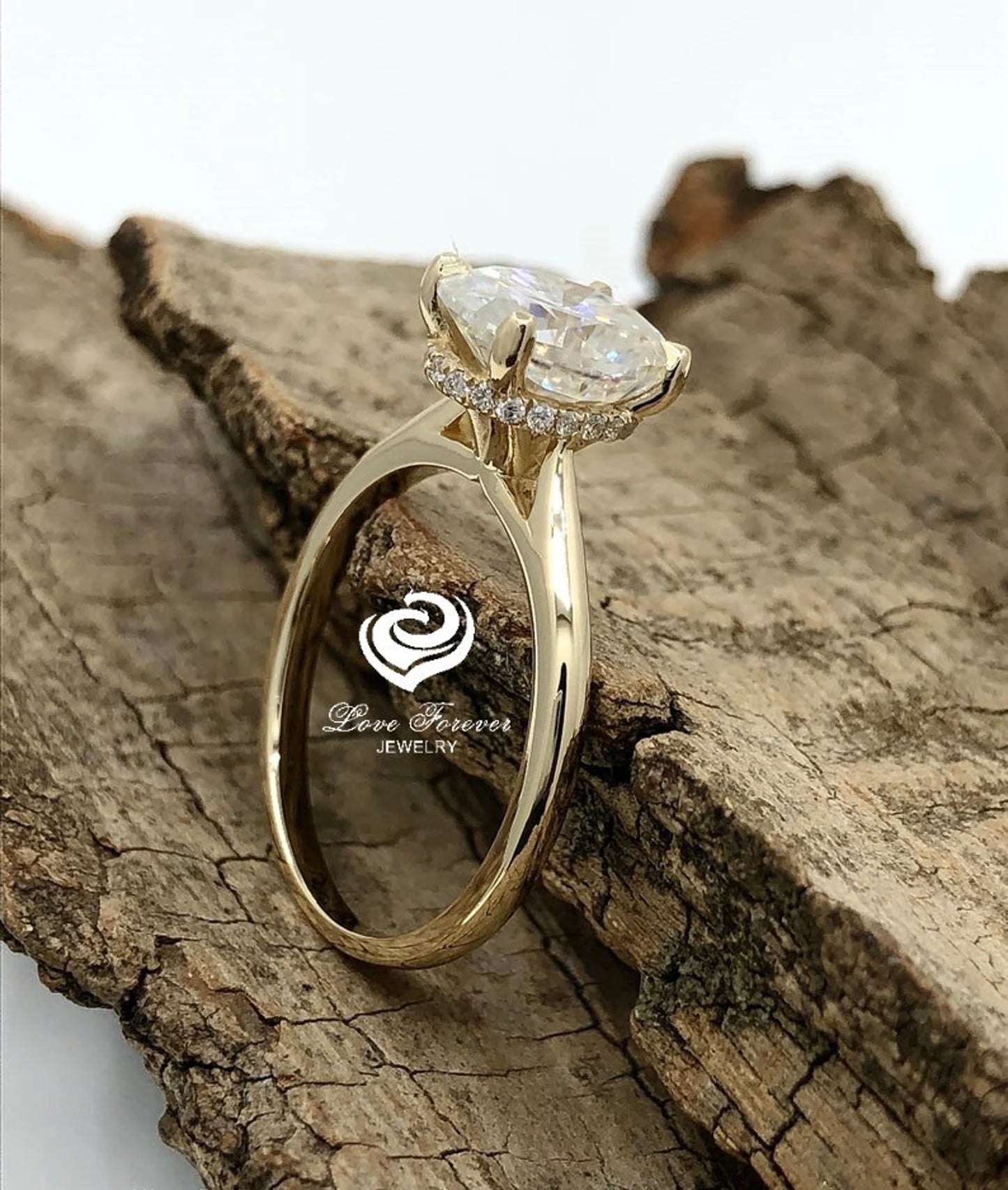 2ct Oval Engagement Ring, Oval Cut Engagement Ring, Hidden Halo Oval Ring, Forever One D-F Color Moissanite, Yellow Gold Dainty Solitaire Ring