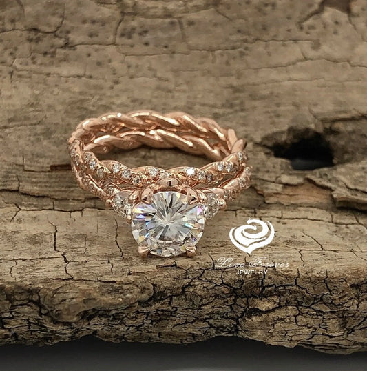Rose Gold Wedding Set in 14k, Moissanite Ring Set, Forever One Moissanite solitaire Engagement Ring Set