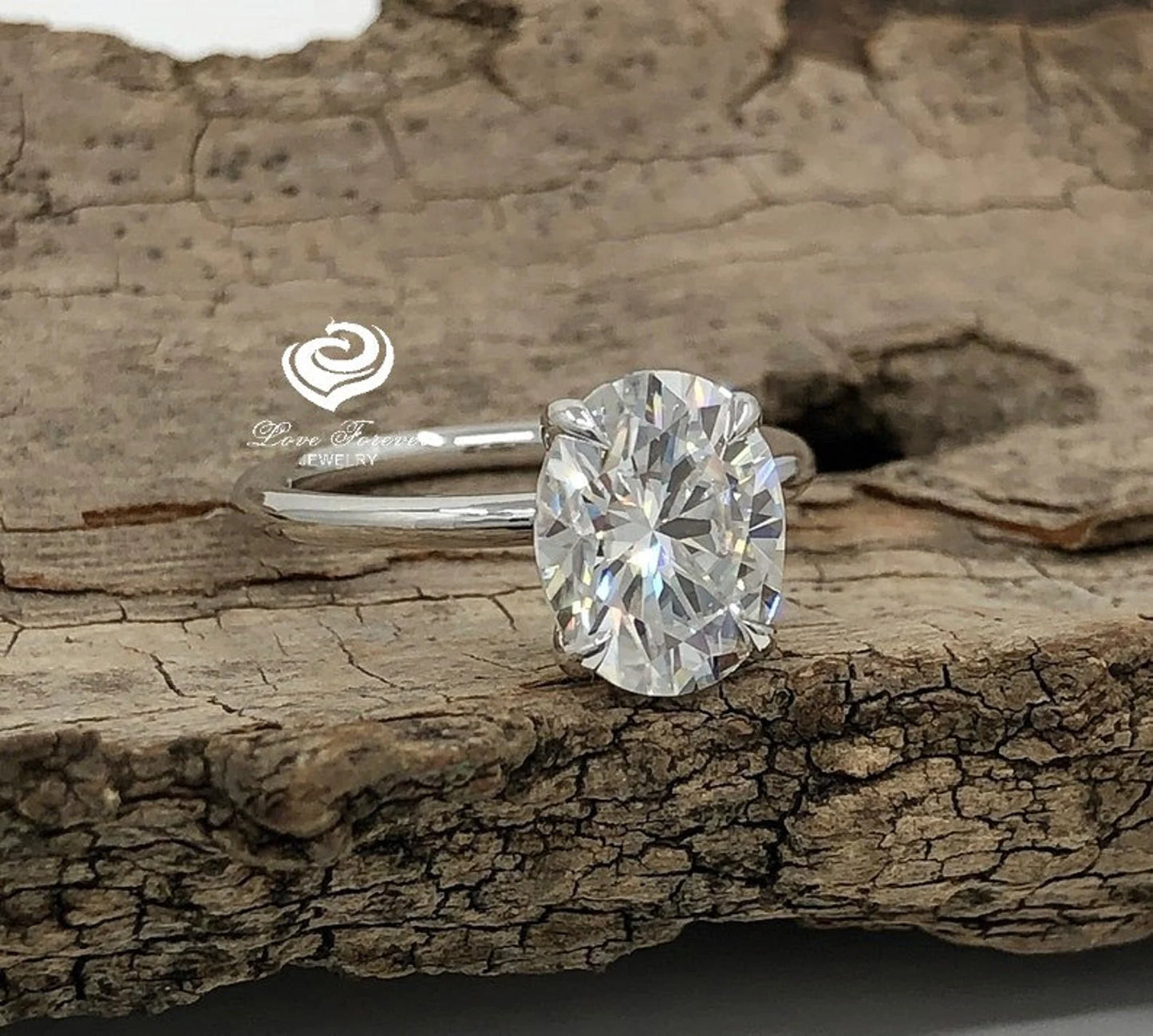3.0 CT Forever One Oval Moissanite Engagement Ring, Oval Cut Engagement Ring, Thin Band Oval Ring, White Gold Oval Solitaire engagement Ring