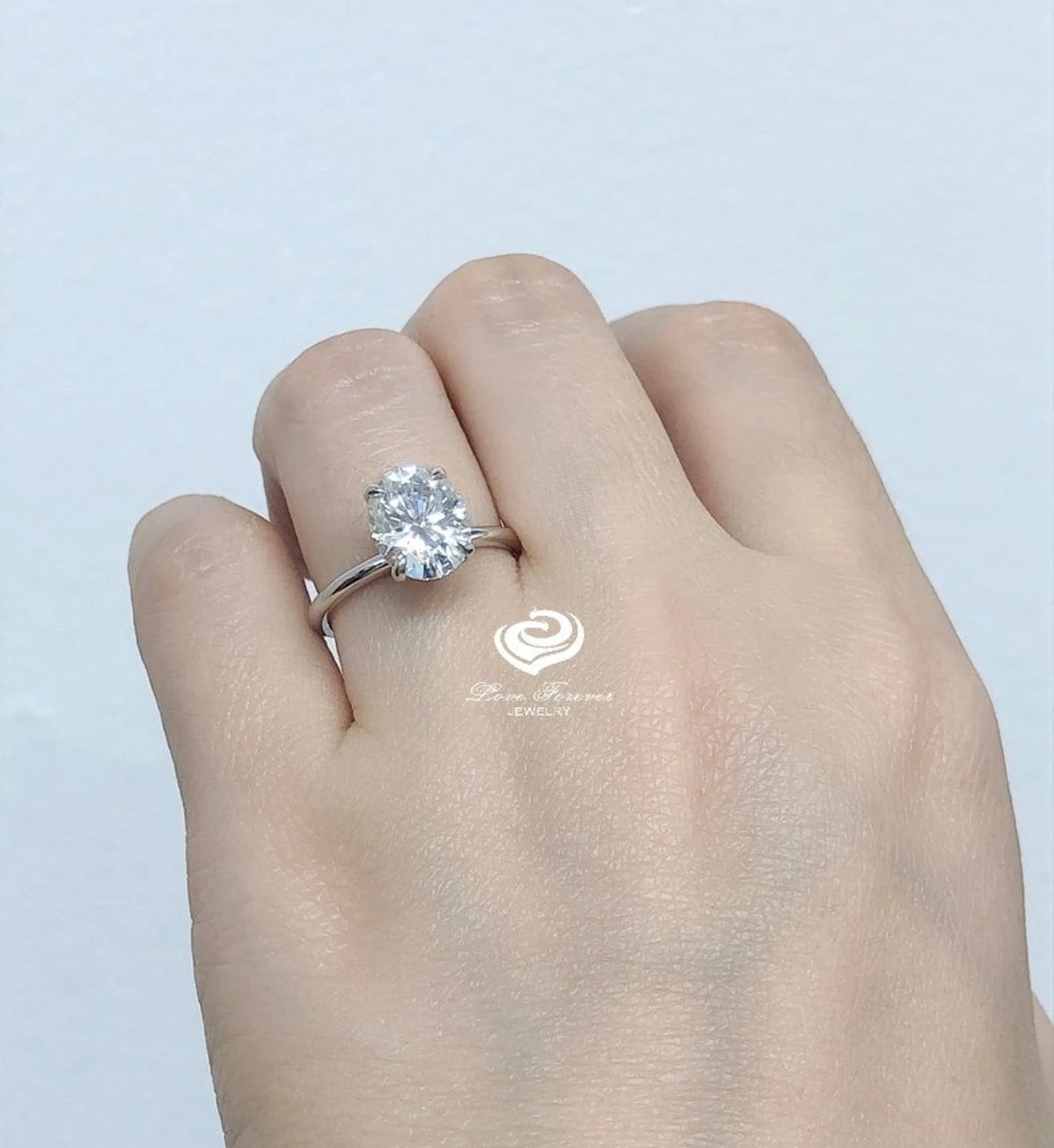 3.0 CT Forever One Oval Moissanite Engagement Ring, Oval Cut Engagement Ring, Thin Band Oval Ring, White Gold Oval Solitaire engagement Ring