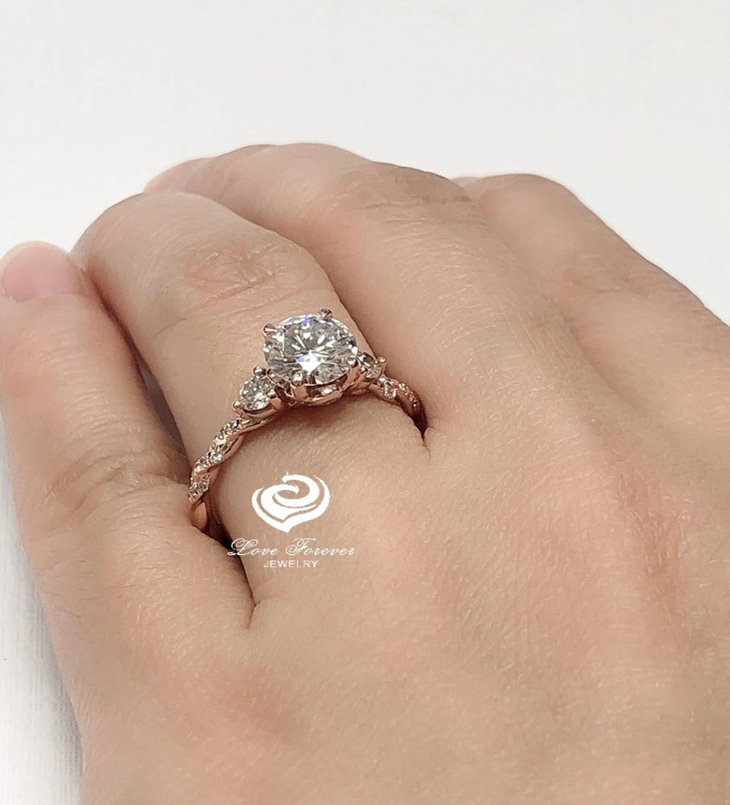 Round Cut Engagement Ring in 14k Rose Gold, Forever One Moissanite Ring, Certified 7mm/1.25cts Round Cut D-F Color Moissanite Solitaire Ring