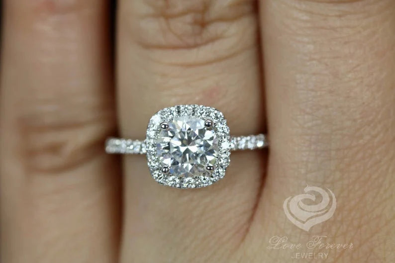 Round Moissanite Engagement Ring in 14k White Gold, Forever One D-F Color Moissanite Engagement Ring, Halo Diamond Engagement Ring