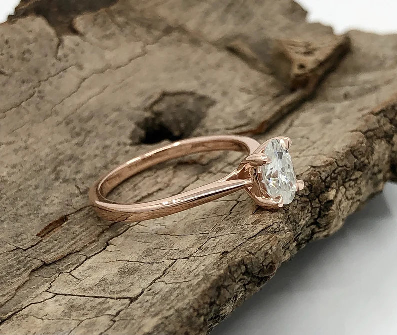 1 CT Oval Engagement Ring 14k Rose Gold, Oval Solitaire Ring, Forever One Moissanite Ring, Oval Cut D-F Color Moissanite Anniversary Ring