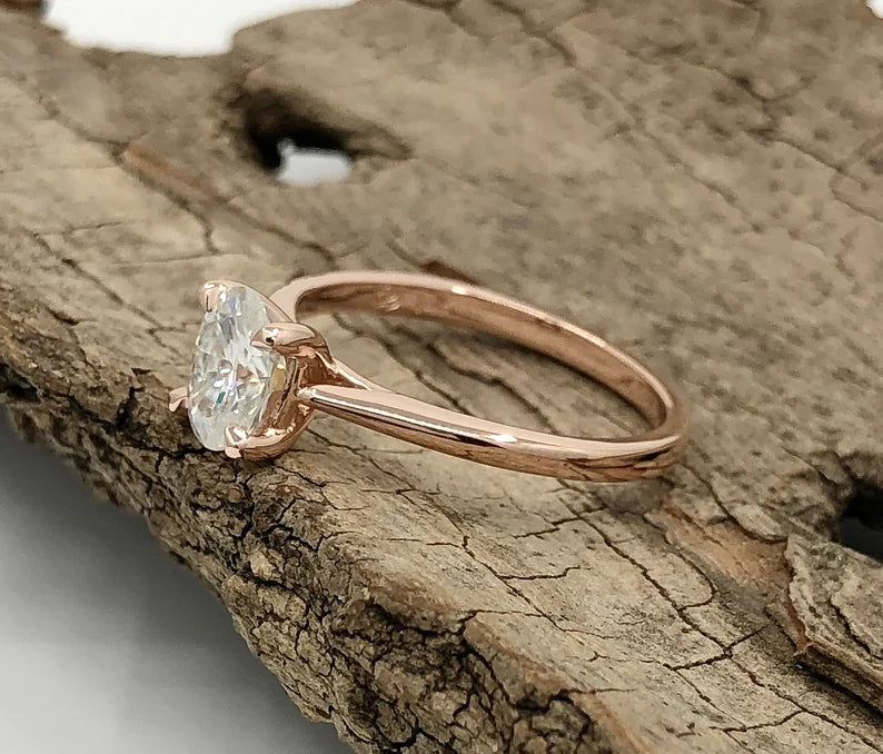 1 CT Oval Engagement Ring 14k Rose Gold, Oval Solitaire Ring, Forever One Moissanite Ring, Oval Cut D-F Color Moissanite Anniversary Ring