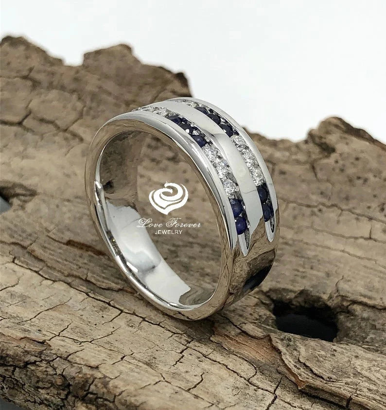 Mens Diamond Wedding Band 14K White Gold, Mens Wedding Ring, Solid Gold Wedding Ring, Blue Sapphires Wedding Band