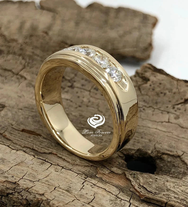 8mm Mens Wedding Band 14K Yellow Gold , Mens Wedding Ring, Forever One Moissanite Wedding Ring, His Wedding Band, Gold Mens Wedding Band