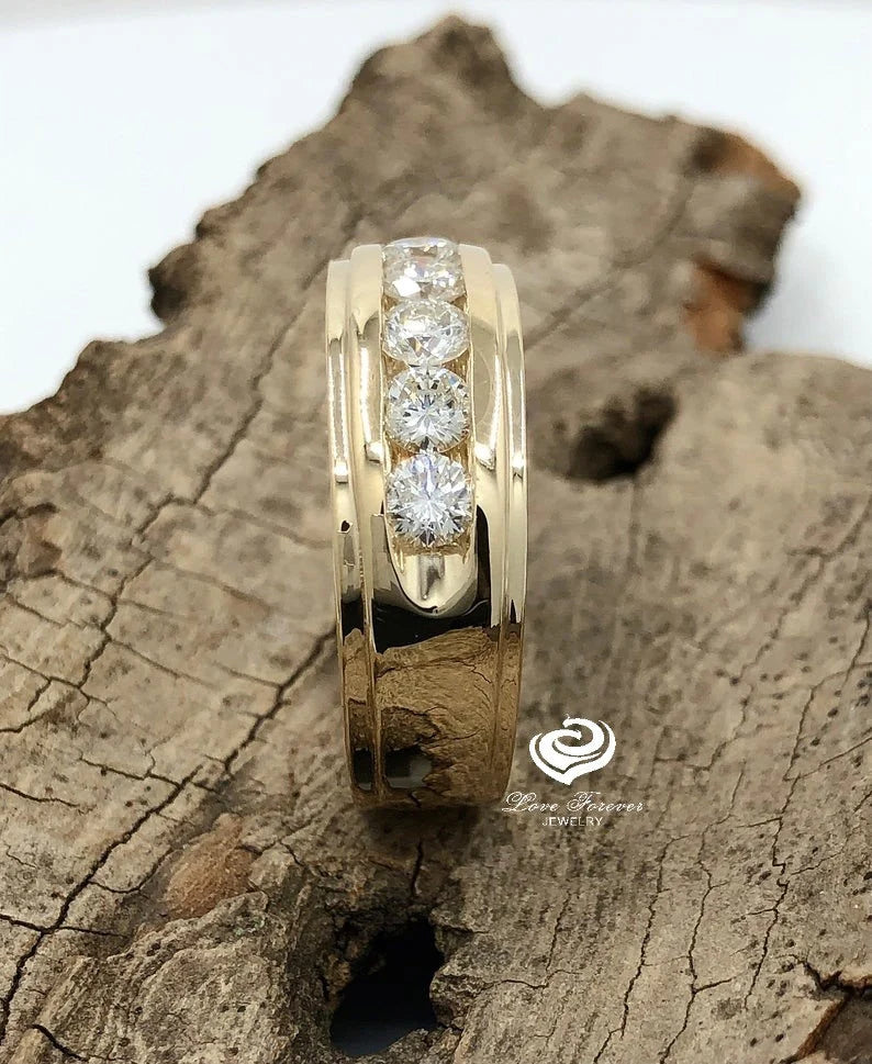 8mm Mens Wedding Band 14K Yellow Gold , Mens Wedding Ring, Forever One Moissanite Wedding Ring, His Wedding Band, Gold Mens Wedding Band