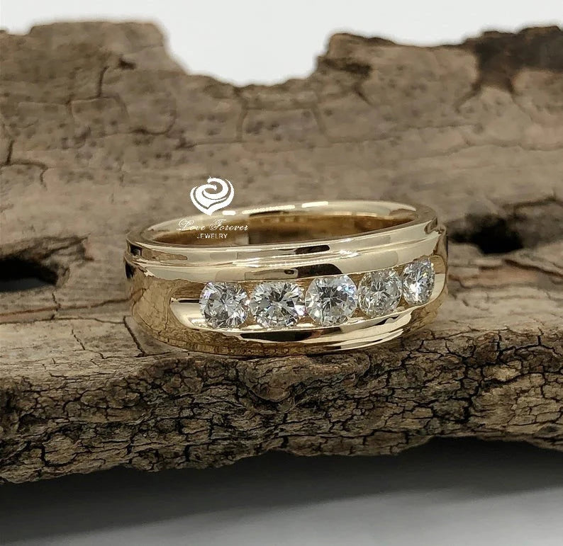 8mm Mens Wedding Band 14K Yellow Gold , Mens Wedding Ring, Forever One Moissanite Wedding Ring, His Wedding Band, Gold Mens Wedding Band