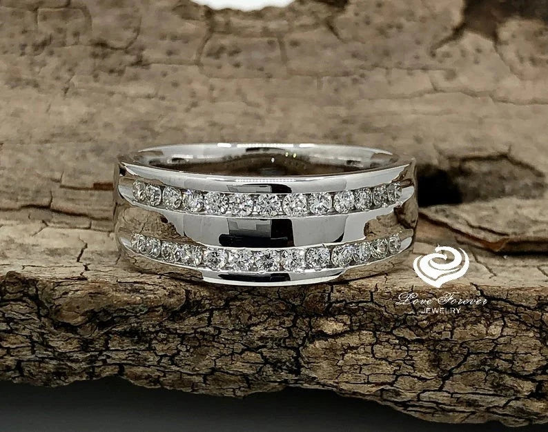 8mm Men's Diamond Wedding Band 14k White Gold Matching Wedding