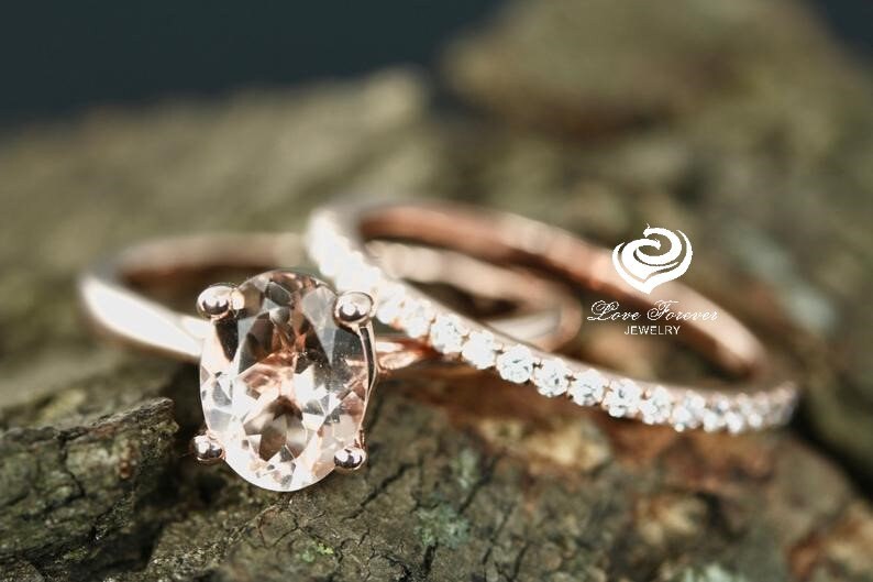 Rose Gold Morganite Oval Cut Wedding Set, Oval Morganite