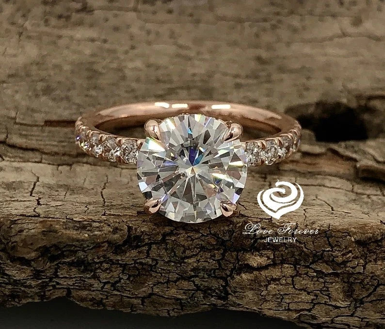14k Gold Diamond Ring Forever One Moissanite Ring Certified 9mm