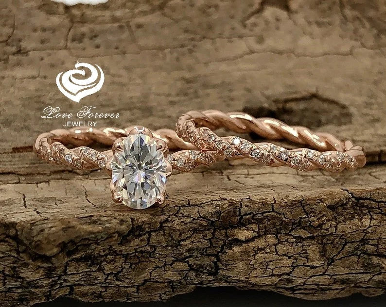 Rose gold oval engagement sales rings with wedding band