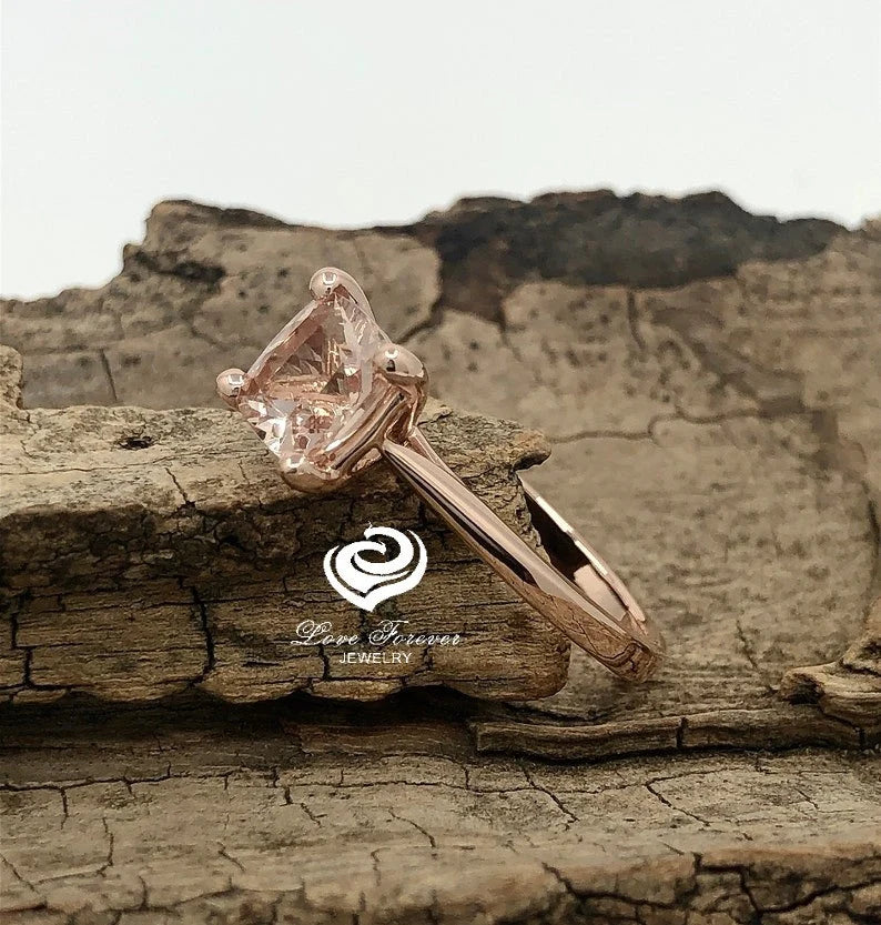 14k Rose Gold Engagement Ring Morganite Ring 7mm Cushion Cut Morganite Solitaire Ring Anniversary Ring
