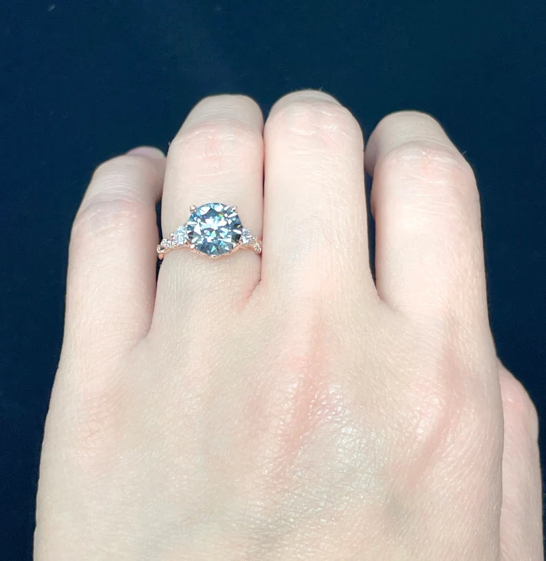 Round Cut Grey Moissanite Ring 14k Rose Gold, 1.25 CT or 2 CT Round Cut Moissanite Engagement Ring, Diamond Ring, Anniversary Ring