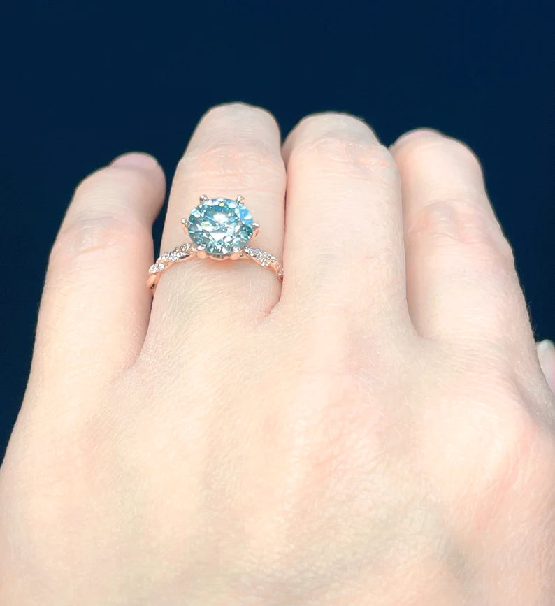 14k Rose Gold Round Cut Engagement Ring, 2 CT Round Aqua Blue Moissanite Wedding Ring, Diamond Anniversary Ring