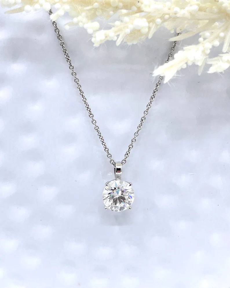 14k White Gold Round Cut Moissanite Minimalist Necklace