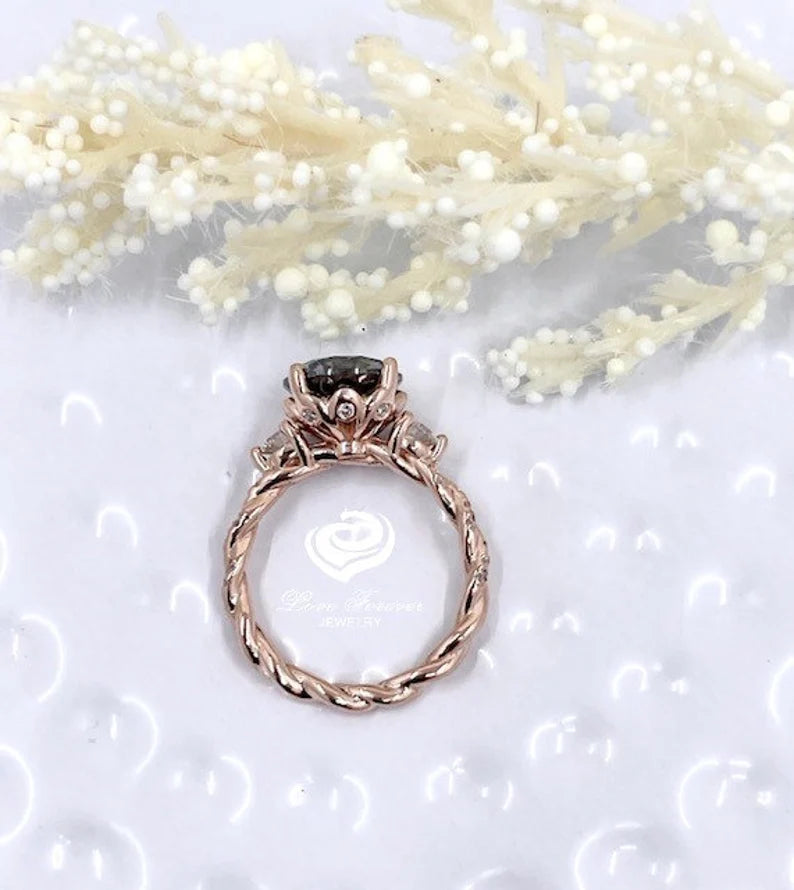 Round Cut Grey Moissanite Ring 14k Rose Gold, 1.25 CT or 2 CT Round Cut Moissanite Engagement Ring, Diamond Ring, Anniversary Ring