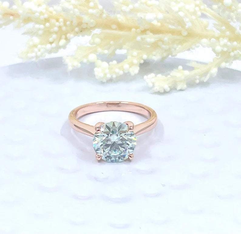 2.00 CT Round cut 2024 Aqua Blue Moissanite | Bezel Set Ring | Flat Ring | Engagement Ring | Comfortable Ring | Solid Rose Gold Ring