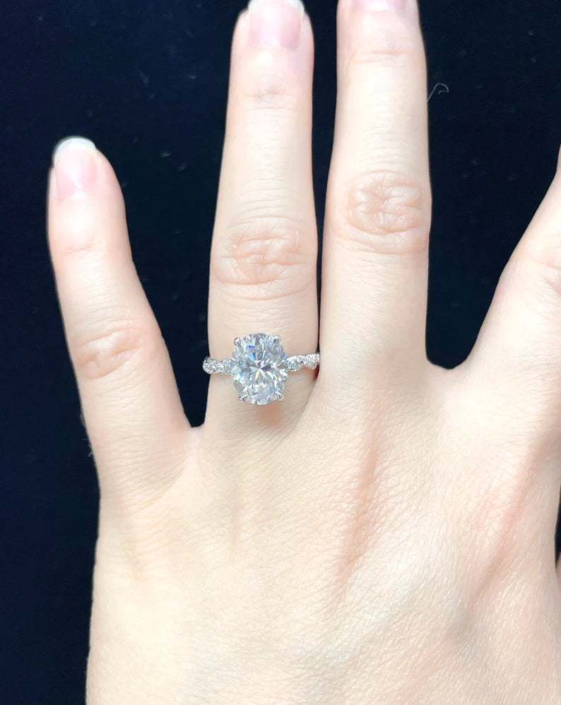 2ct or 3ct Forever One Moissanite Engagement Ring, 14k White Gold Certified 9x7mm/10x8mm Oval Cut D-F Color Moissanite Engagement Ring