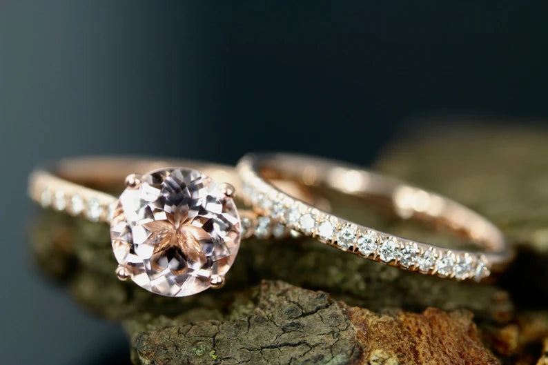 Morganite Engagement Ring Set In 14K Rose Gold, Morganite Round