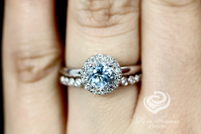 14k White Gold Bridal Set Carats Round Cut Aquamarine