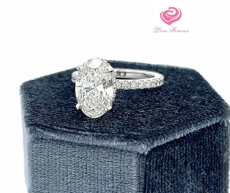 3.20 Carats F Color VS1 Clarity Oval Cut Lab Grown Diamond Solitaire Hidden Halo Engagement Ring, 14k White Gold Diamond Engagement Ring