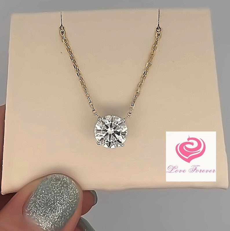 2 Carats Round Cut E Color VS1 Lab Grown Diamond Necklace, Two Tone Lab Grown Diamond Necklace, Round Cut Pendant 4 Prongs Basket Necklace