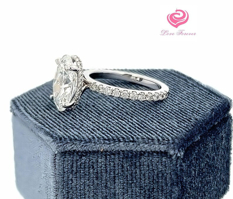 3.20 Carats F Color VS1 Clarity Oval Cut Lab Grown Diamond Solitaire Hidden Halo Engagement Ring, 14k White Gold Diamond Engagement Ring