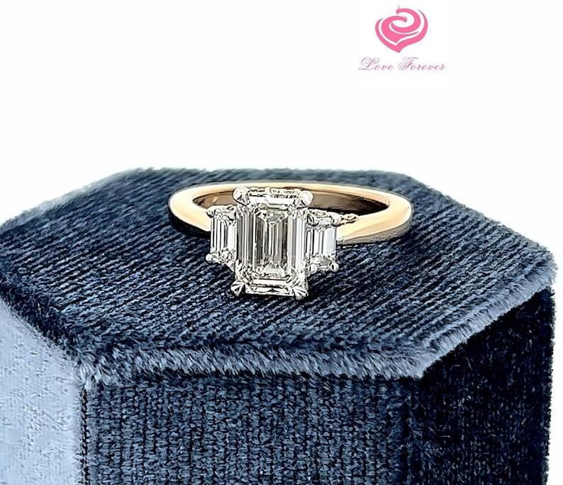 Emerald Cut Lab Grown Diamond Engagement Ring, Three Stones Emerald Cut Lab Grown Diamond Two Tone 14k Gold Engagement Ring,Hidden Halo Ring