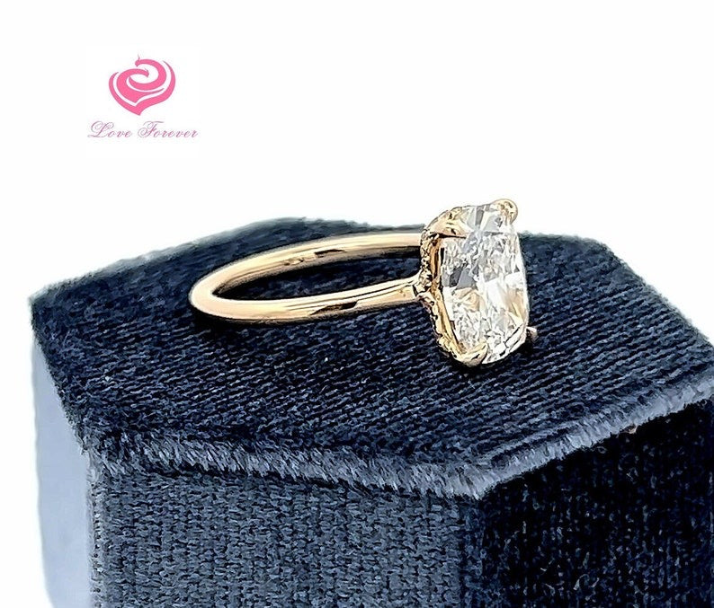 2.9 Carats D Color VS1 Elongated Cushion Lab Grown Diamond GIA Certified Engagement Ring in 14k Yellow Gold, Hidden Halo Diamond Ring