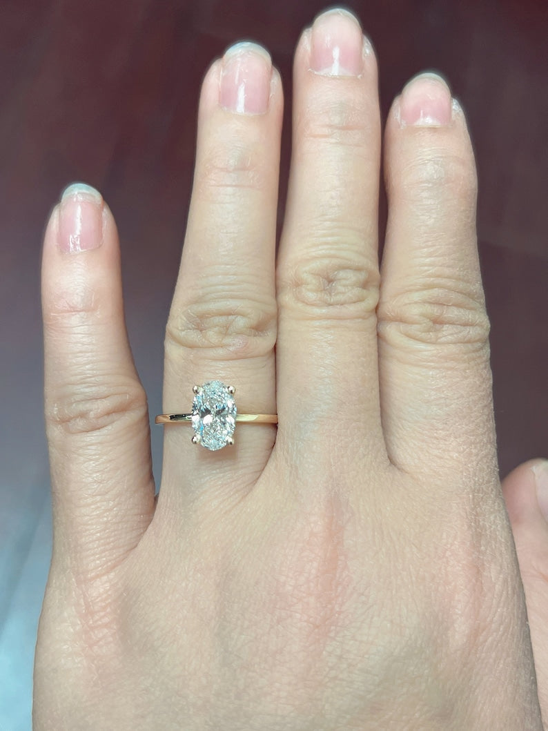 1.5 Carats E Color VS1 Clarity IGI Certified Oval Cut Lab Grown Diamond Solitaire Engagement Ring 14k Yellow Gold, Anniversary Wedding Ring