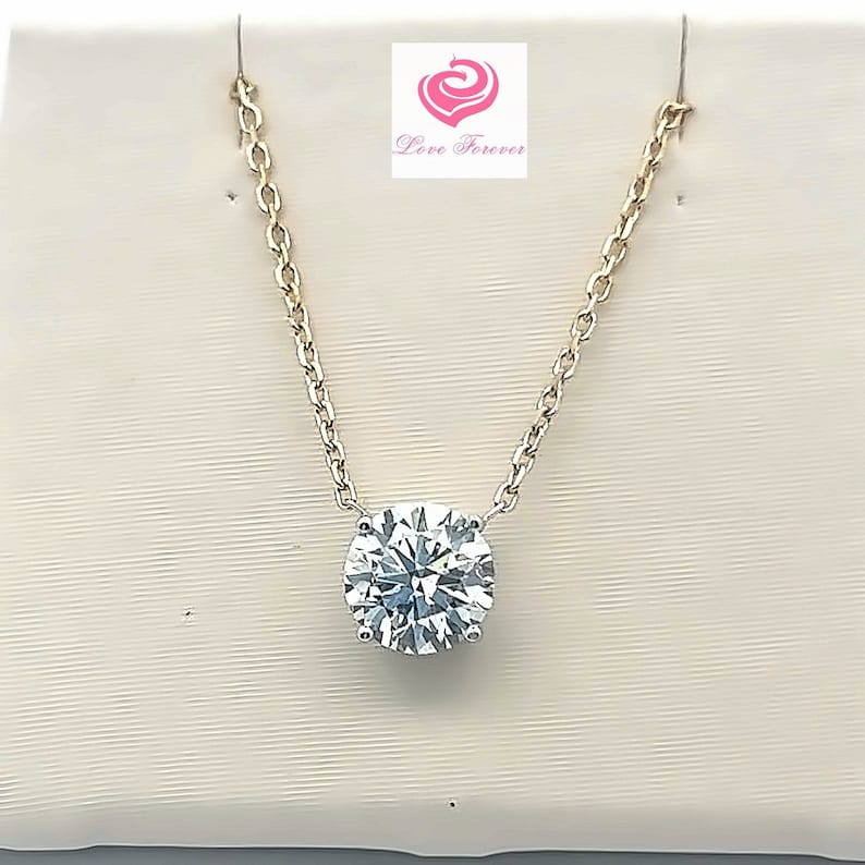 2 Carats Round Cut E Color VS1 Lab Grown Diamond Necklace, Two Tone Lab Grown Diamond Necklace, Round Cut Pendant 4 Prongs Basket Necklace