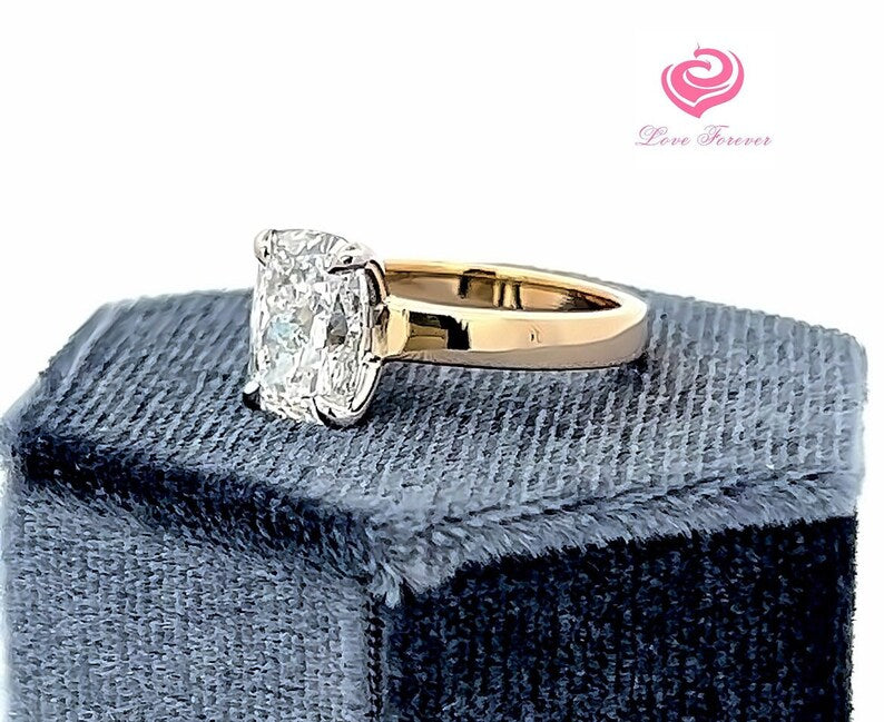 2.8 CT GIA Certified D Color VS1 Elongated Cushion Lab Grown Diamond Ring, Two Tone 14k Gold Lab Grown Diamond Solitaire Engagement Ring