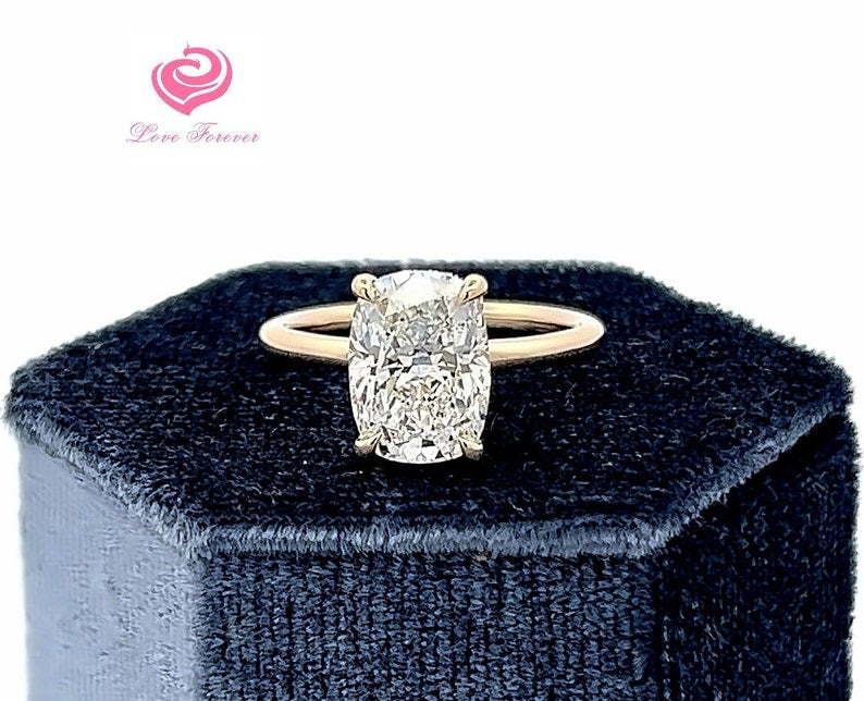 2.9 Carats D Color VS1 Elongated Cushion Lab Grown Diamond GIA Certified Engagement Ring in 14k Yellow Gold, Hidden Halo Diamond Ring