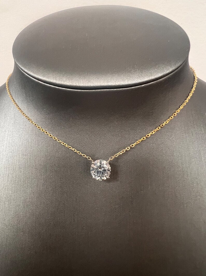 2 Carats Round Cut E Color VS1 Lab Grown Diamond Necklace, Two Tone Lab Grown Diamond Necklace, Round Cut Pendant 4 Prongs Basket Necklace