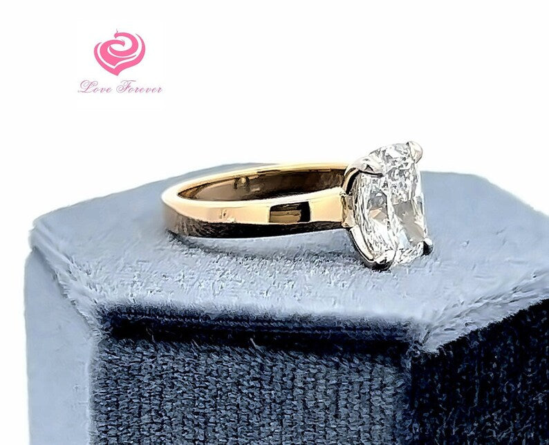 2.8 CT GIA Certified D Color VS1 Elongated Cushion Lab Grown Diamond Ring, Two Tone 14k Gold Lab Grown Diamond Solitaire Engagement Ring