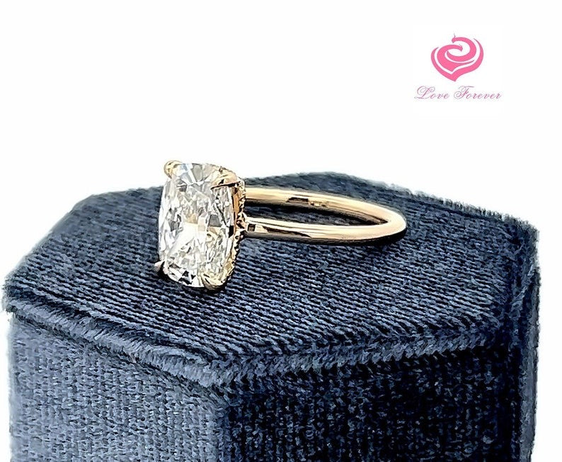 2.9 Carats D Color VS1 Elongated Cushion Lab Grown Diamond GIA Certified Engagement Ring in 14k Yellow Gold, Hidden Halo Diamond Ring