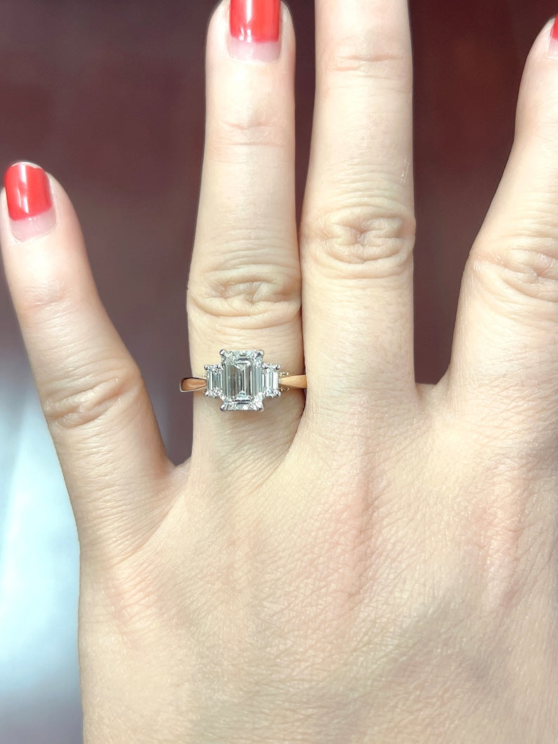 Emerald Cut Lab Grown Diamond Engagement Ring, Three Stones Emerald Cut Lab Grown Diamond Two Tone 14k Gold Engagement Ring,Hidden Halo Ring