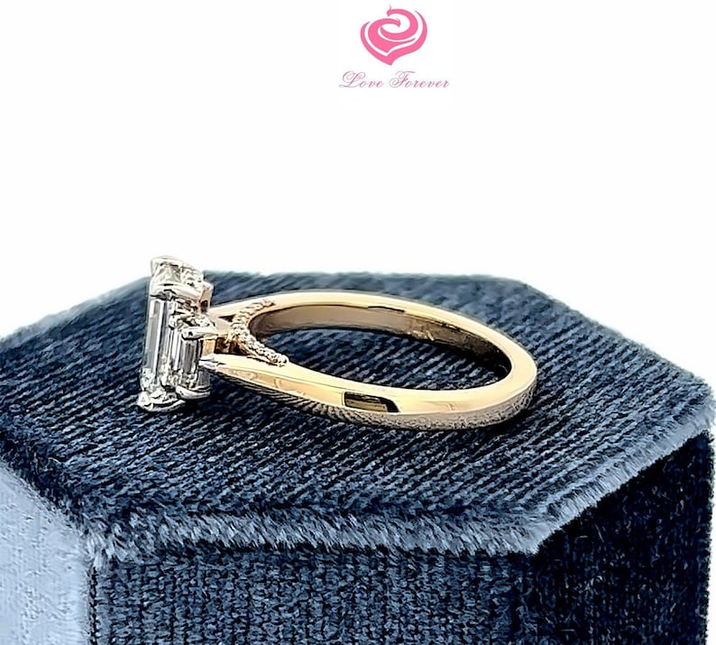 Emerald Cut Lab Grown Diamond Engagement Ring, Three Stones Emerald Cut Lab Grown Diamond Two Tone 14k Gold Engagement Ring,Hidden Halo Ring