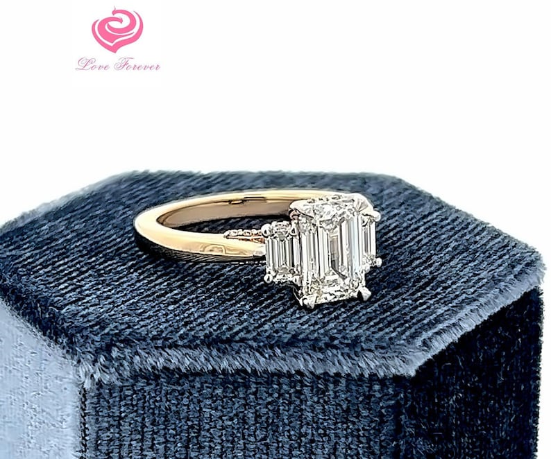 Emerald Cut Lab Grown Diamond Engagement Ring, Three Stones Emerald Cut Lab Grown Diamond Two Tone 14k Gold Engagement Ring,Hidden Halo Ring