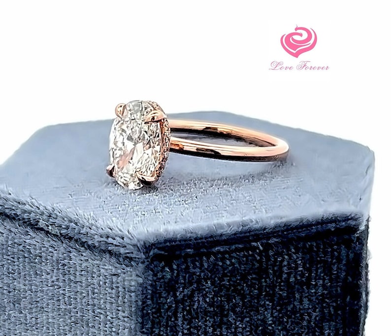 2 Carats E Color VS1 Clarity Lab Grown Diamond Engagement Ring, 14k Rose Gold Hidden Halo Diamond Ring, Diamond Solitaire Engagement Ring