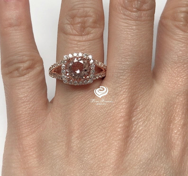 14k Rose Gold Morganite Ring Diamond Ring 8mm Round Cut Morganite Halo Diamond Engagement Ring